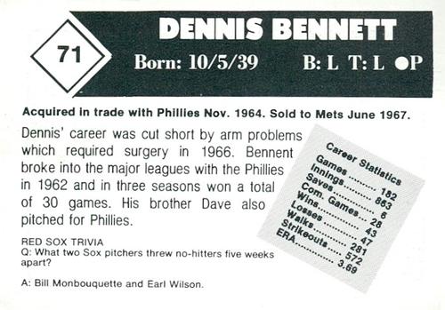 1981 Boston Globe Boston Red Sox #71 Dennis Bennett Back