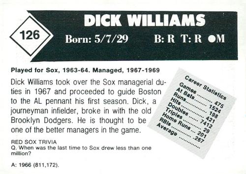 1981 Boston Globe Boston Red Sox #126 Dick Williams Back