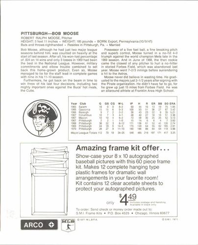 1971 Arco Pittsburgh Pirates #NNO Bob Moose Back