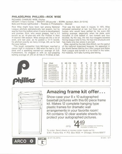 1971 Arco Philadelphia Phillies #NNO Rick Wise Back