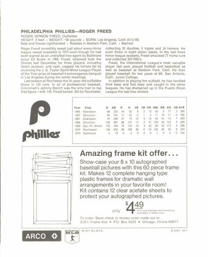 1971 Arco Philadelphia Phillies #NNO Roger Freed Back