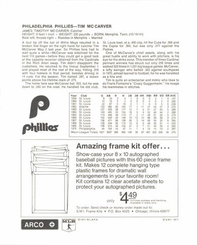 1971 Arco Philadelphia Phillies #NNO Tim McCarver Back