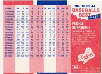 1987 Fleer Baseball's Best Sluggers vs. Pitchers #16 Pedro Guerrero Back