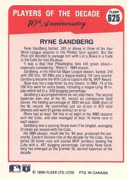 1990 Fleer Canadian #625 Ryne Sandberg Back