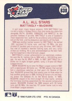 1990 Fleer Canadian #638 A.L. All-Stars (Don Mattingly / Mark McGwire) Back