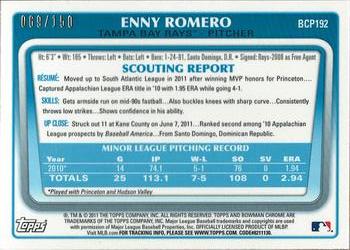 2011 Bowman Chrome - Prospects Blue Refractors #BCP192 Enny Romero Back