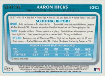 2011 Bowman Chrome - Prospects Purple Refractors #BCP172 Aaron Hicks Back