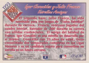 1993 Pacific Spanish - Beisbol Amigos #13 Juan Gonzalez / Julio Franco Back