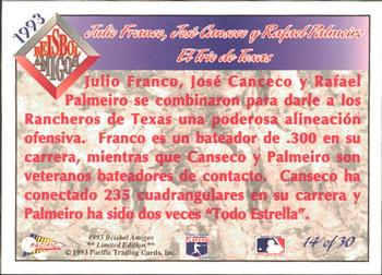 1993 Pacific Spanish - Beisbol Amigos #14 Julio Franco / Jose Canseco / Rafael Palmeiro Back
