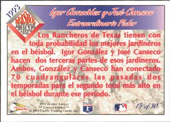 1993 Pacific Spanish - Beisbol Amigos #15 Juan Gonzalez / Jose Canseco Back