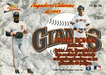 1993 Pacific Spanish - Jugadores Calientes #21 Barry Bonds Back