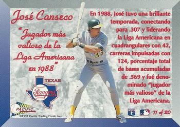 1993 Pacific Spanish - Prism Inserts #11 Jose Canseco Back