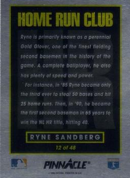 1993 Pinnacle Home Run Club #12 Ryne Sandberg Back