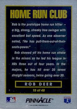 1993 Pinnacle Home Run Club #15 Rob Deer Back