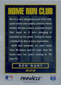 1993 Pinnacle Home Run Club #20 Ron Gant Back