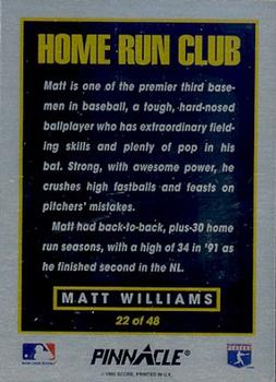 1993 Pinnacle Home Run Club #22 Matt Williams Back