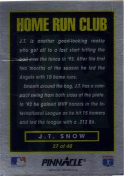 1993 Pinnacle Home Run Club #27 J.T. Snow Back