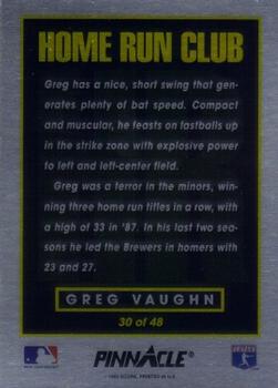 1993 Pinnacle Home Run Club #30 Greg Vaughn Back