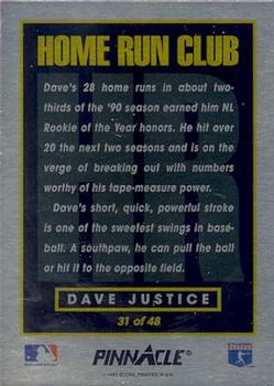 1993 Pinnacle Home Run Club #31 Dave Justice Back
