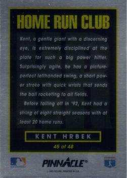 1993 Pinnacle Home Run Club #45 Kent Hrbek Back