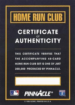 1993 Pinnacle Home Run Club #NNO Certificate of Authenticity Front