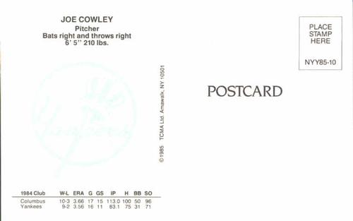 1985 TCMA New York Yankees Postcards #NYY85-10 Joe Cowley Back
