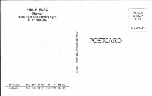 1985 TCMA New York Yankees Postcards #NYY85-15 Phil Niekro Back