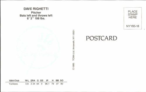 1985 TCMA New York Yankees Postcards #NYY85-18 Dave Righetti Back