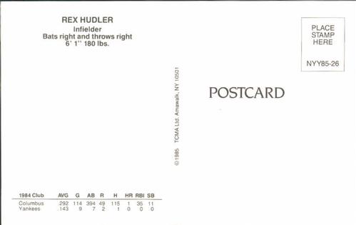 1985 TCMA New York Yankees Postcards #NYY85-26 Rex Hudler Back