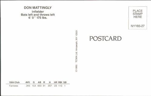 1985 TCMA New York Yankees Postcards #NYY85-27 Don Mattingly Back