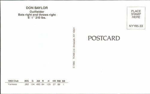 1985 TCMA New York Yankees Postcards #NYY85-33 Don Baylor Back
