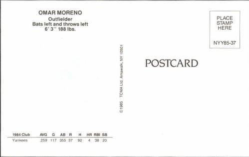 1985 TCMA New York Yankees Postcards #NYY85-37 Omar Moreno Back