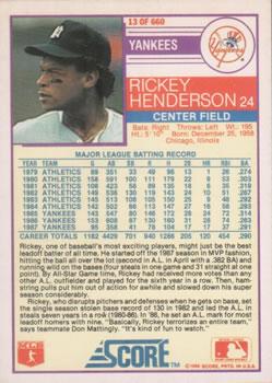 1988 Score - Glossy #13 Rickey Henderson Back