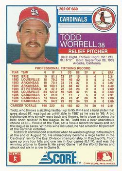 1988 Score - Glossy #202 Todd Worrell Back