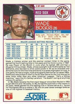 1988 Score - Glossy #2 Wade Boggs Back