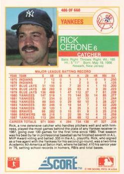 1988 Score - Glossy #486 Rick Cerone Back