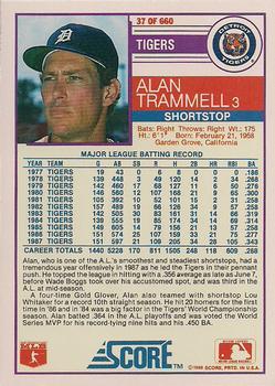1988 Score - Glossy #37 Alan Trammell Back