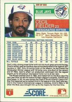1988 Score - Glossy #399 Cecil Fielder Back