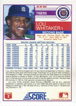 1988 Score - Glossy #56 Lou Whitaker Back