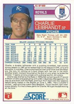 1988 Score - Glossy #61 Charlie Leibrandt Back