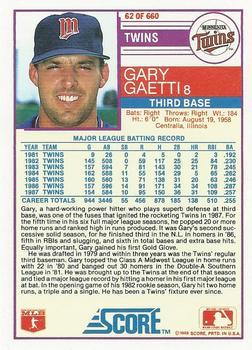 1988 Score - Glossy #62 Gary Gaetti Back