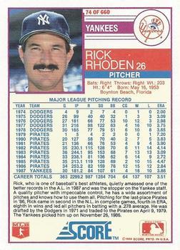 1988 Score - Glossy #74 Rick Rhoden Back