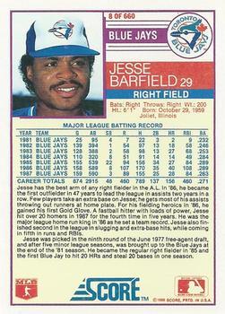 1988 Score - Glossy #8 Jesse Barfield Back