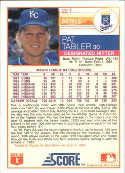 1988 Score Rookie & Traded - Glossy #22T Pat Tabler Back
