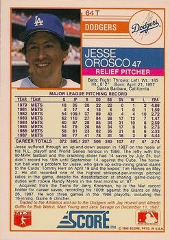 1988 Score Rookie & Traded - Glossy #64T Jesse Orosco Back