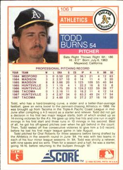 1988 Score Rookie & Traded - Glossy #106T Todd Burns Back