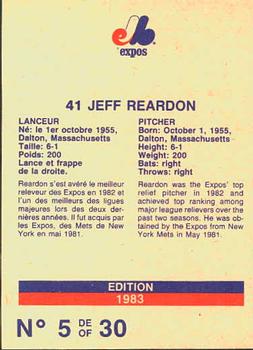 1983 Stuart Bakery Montreal Expos #5 Jeff Reardon Back