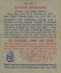 1949 Bowman PCL #5 Xavier Rescigno Back