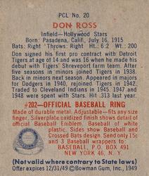 1949 Bowman PCL #20 Don Ross Back