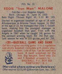 1949 Bowman PCL #31 Eddie Malone Back